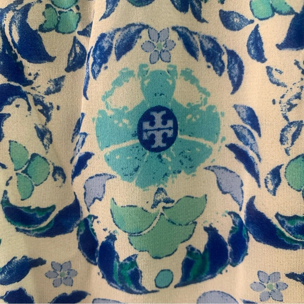 Tory Burch Top Size 2 Silk Floral Print Pompom Trim Button Up Blouse Blue White
